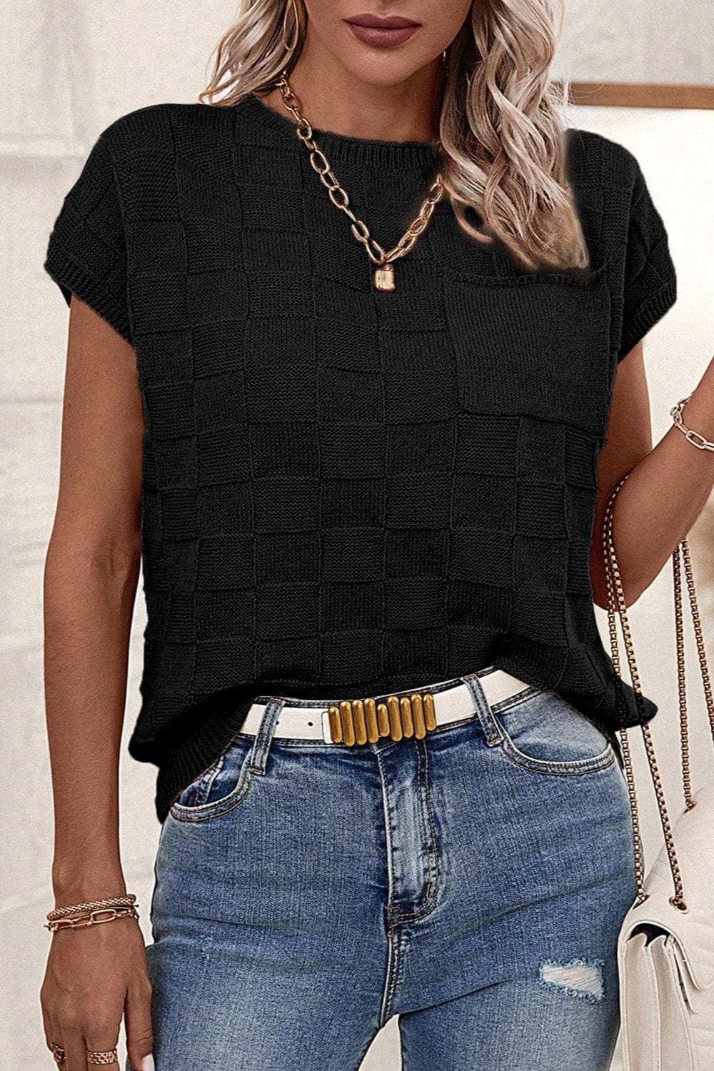 Pocketed Checkered Round Neck Knit Top - Trendsi - Flyclothing LLC