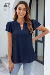 Ruffled Notched Short Sleeve Blouse - Trendsi