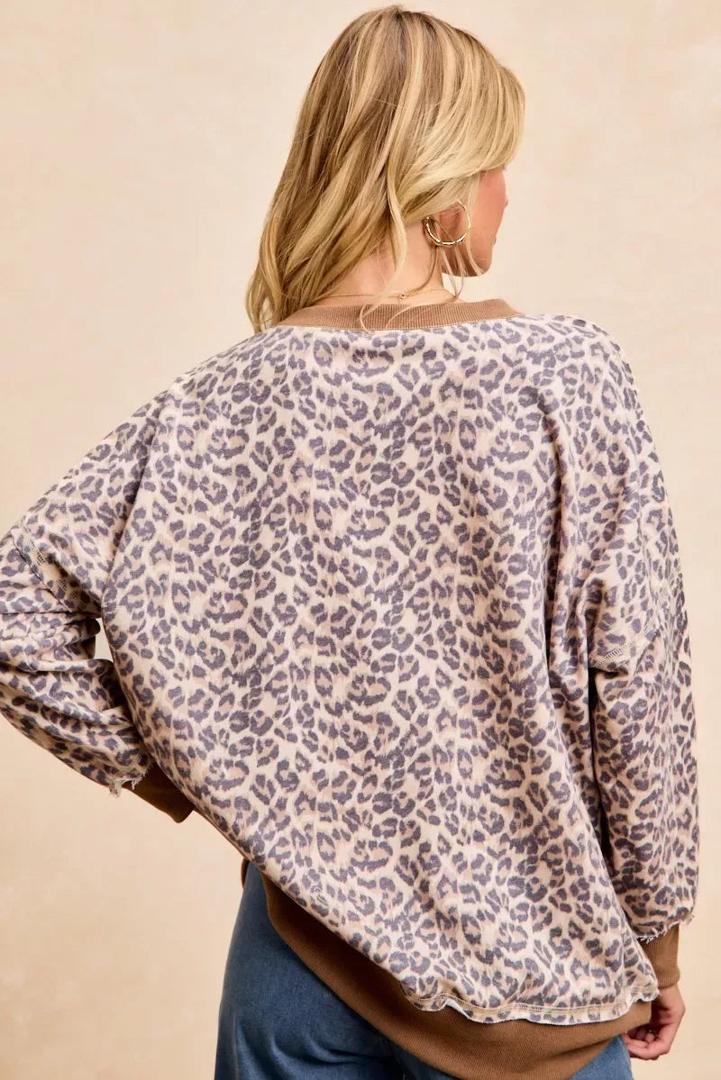 BiBi Leopard Printed French Terry Sweatshirt - Trendsi - Flyclothing LLC
