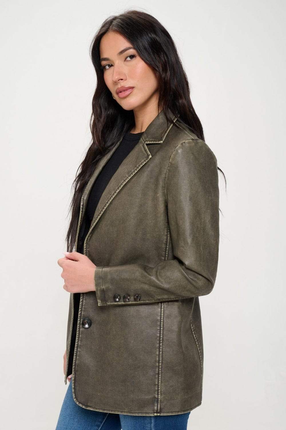 Coalition LA Single-Breasted Vegan Leather Blazer - Trendsi - Flyclothing LLC