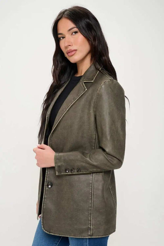 Coalition LA Single-Breasted Vegan Leather Blazer - Trendsi - Flyclothing LLC
