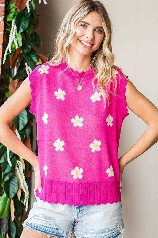 First Love Full Size Flower Pattern Round Neck Sweater Vest - Trendsi - Flyclothing LLC