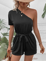 Single Shoulder Tie Waist Romper - Trendsi - Flyclothing LLC