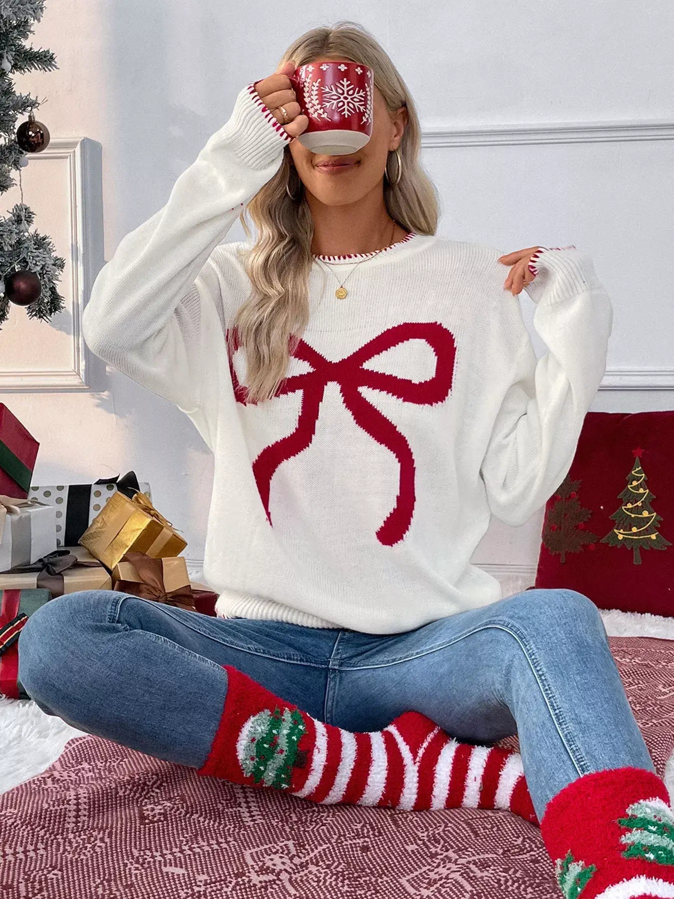 Bow Round Neck Sweater - Trendsi - Flyclothing LLC