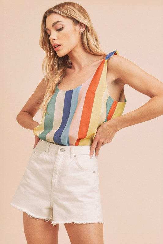 Aemi + Co Contrast Striped Scoop Neck Tie Shoulder Tank - Trendsi - Flyclothing LLC