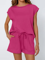 Round Neck Cap Sleeve Top and Shorts Set - Trendsi - Flyclothing LLC