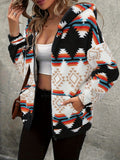 Geometric Zip Up Hooded Sherpa Jacket - Trendsi