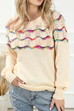 Openwork Wavy Striped Round Neck Sweater - Trendsi