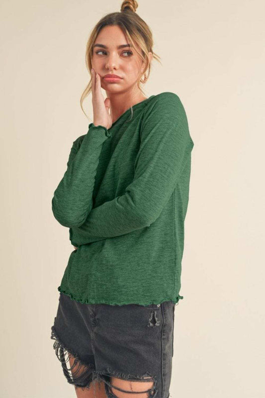 Aemi + Co Lettuce Hemline Round Neck Raglan Sleeve T-Shirt - Trendsi - Flyclothing LLC