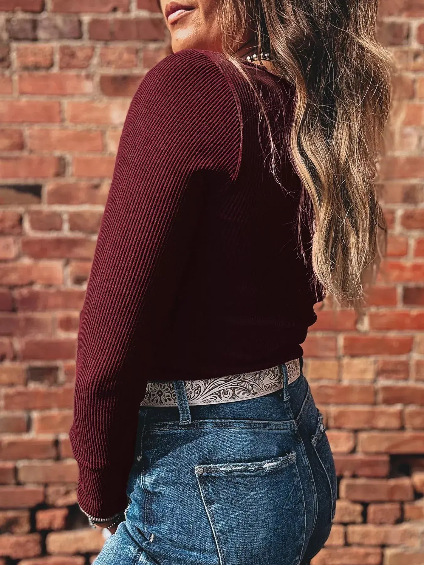 Ribbed Knit Long Sleeve Fitted T-Shirt - Trendsi - Flyclothing LLC