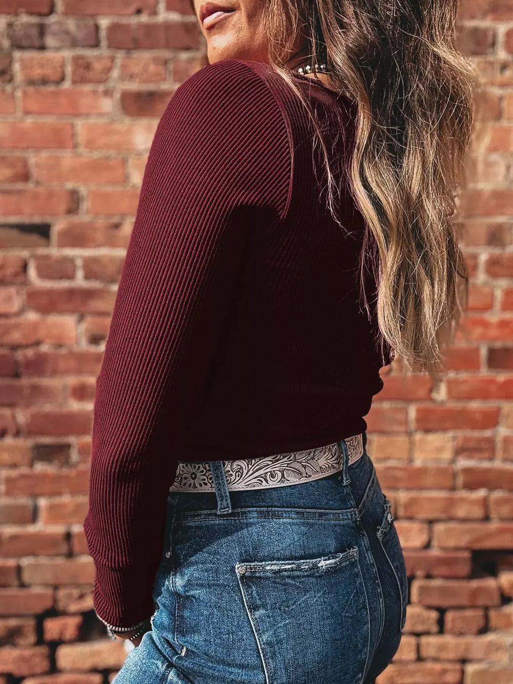 Ribbed Knit Long Sleeve Fitted T-Shirt - Trendsi - Flyclothing LLC