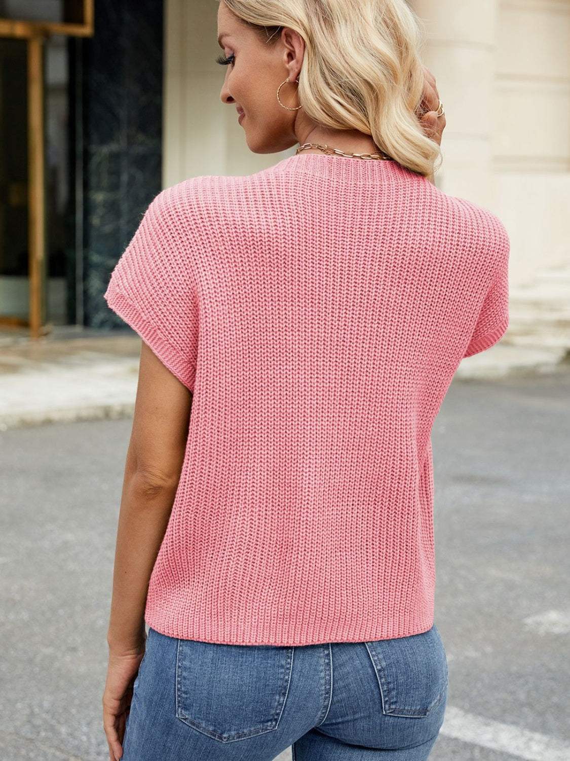 Round Neck Short Sleeve Sweater - Trendsi - Flyclothing LLC