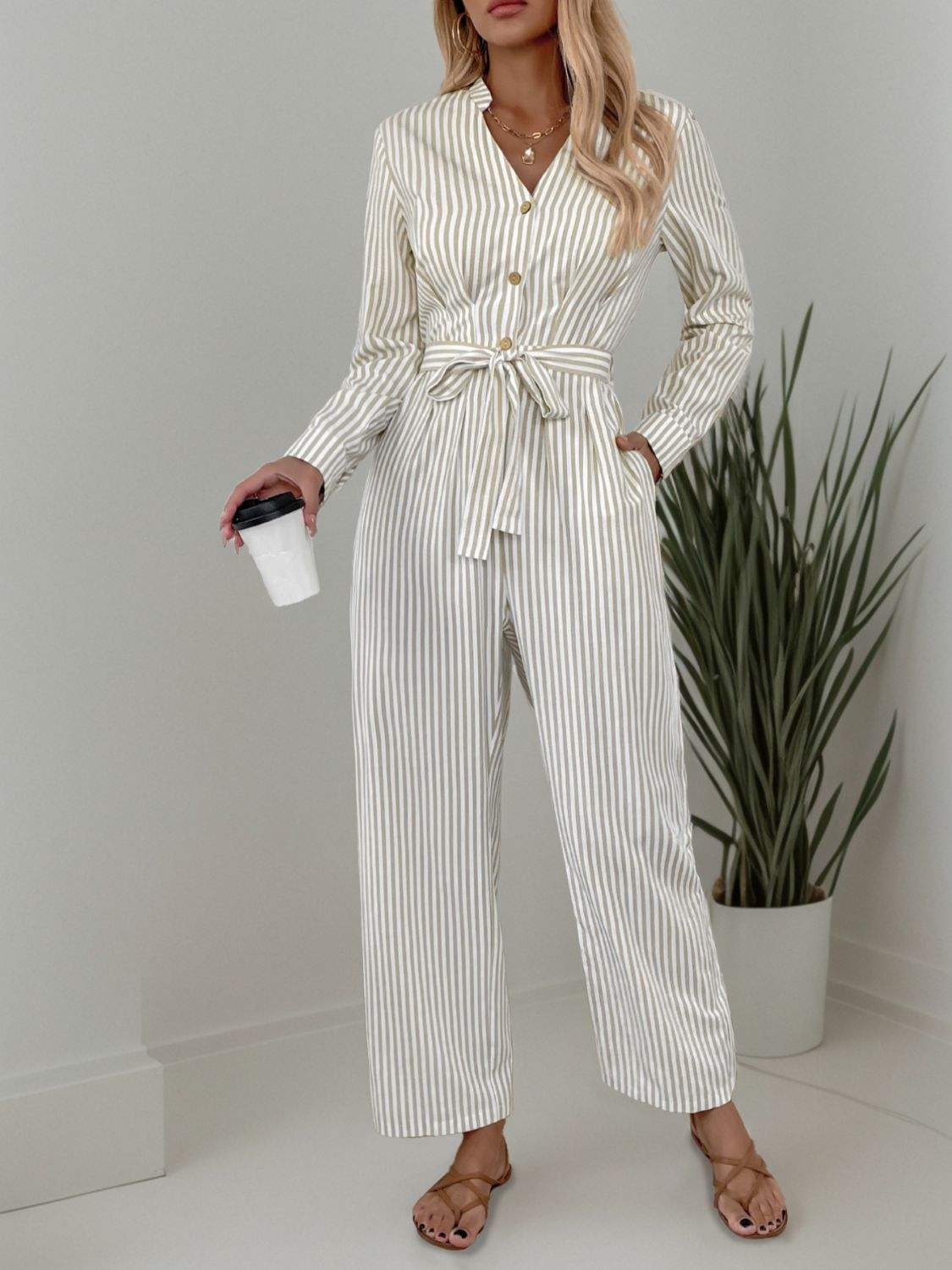 Striped Notched Long Sleeve Tie Waist Jumpsuit - Trendsi - Flyclothing LLC