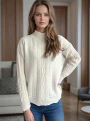 Cable-Knit Mock Neck Dropped Shoulder Sweater - Trendsi