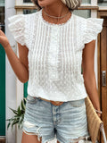 Lace Detail Eyelet Ruffle Cap Sleeve Blouse - Trendsi
