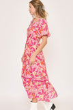 Umgee Floral Notched Puff Sleeve Midi Dress - Trendsi