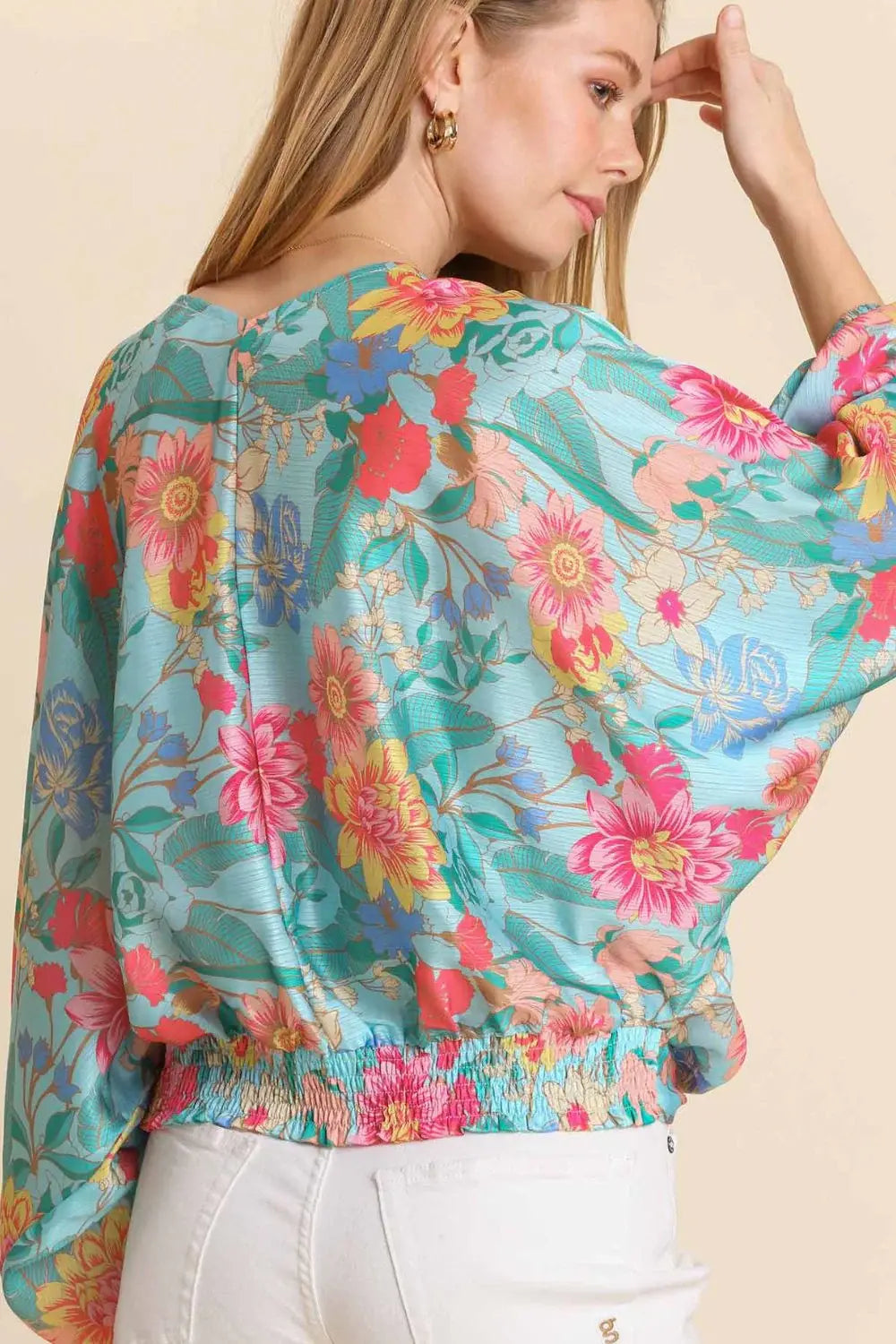 Umgee USA Full Size Floral Print Smocked Back Hem V-Neck Blouse Plus Size - Trendsi - Flyclothing LLC