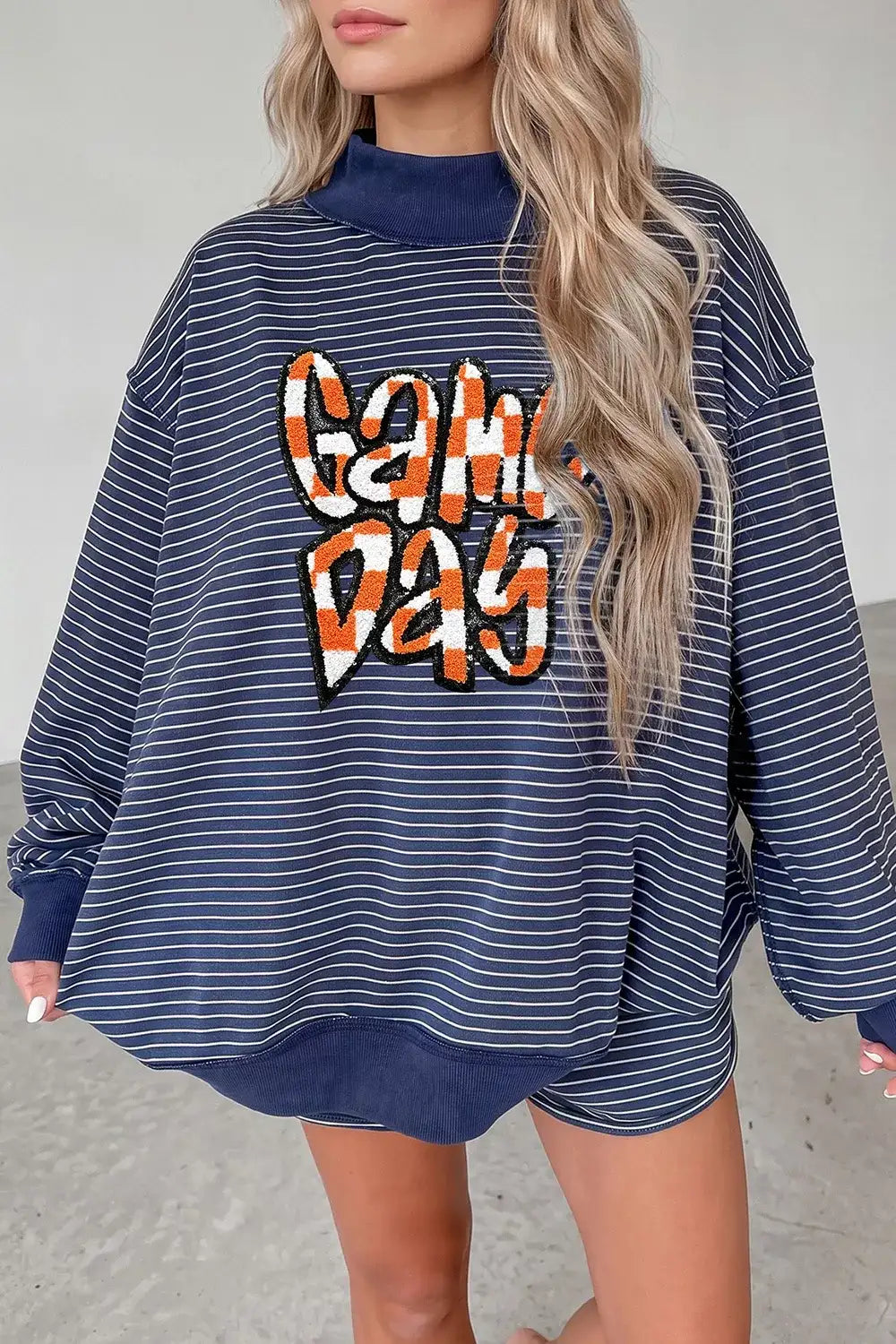 Stripe GAME DAY Letter Print Long Sleeve Two Piece Graphic Shorts Set - Trendsi - Flyclothing LLC
