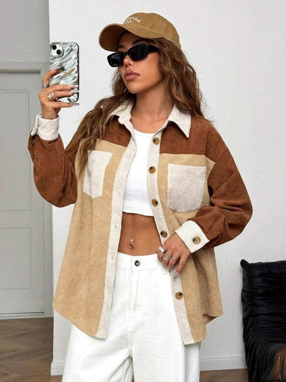 Color Block Collared Neck Long Sleeve Shirt - Trendsi - Flyclothing LLC