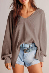 Waffle-Knit V-Neck Long Sleeve Top - Trendsi - Flyclothing LLC