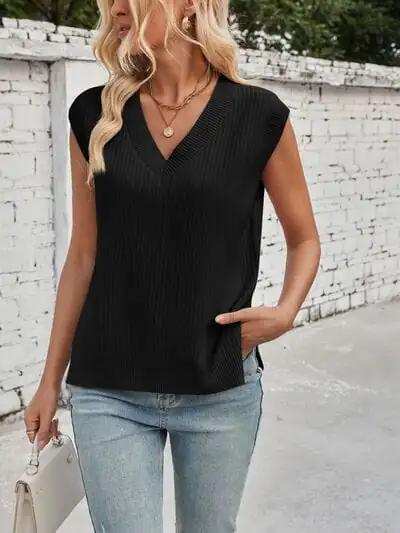 Lovelet Ribbed Slit V-Neck Sweater Vest - Trendsi - Flyclothing LLC