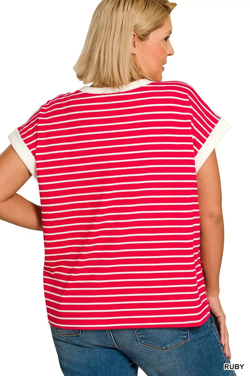 Zenana Full Size Contrast Trim Cap Sleeve Stripe Tee Plus Size - Trendsi - Flyclothing LLC