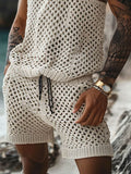 Men's Plus Size Hollow Out Round Neck Tank and Shorts Set - Trendsi