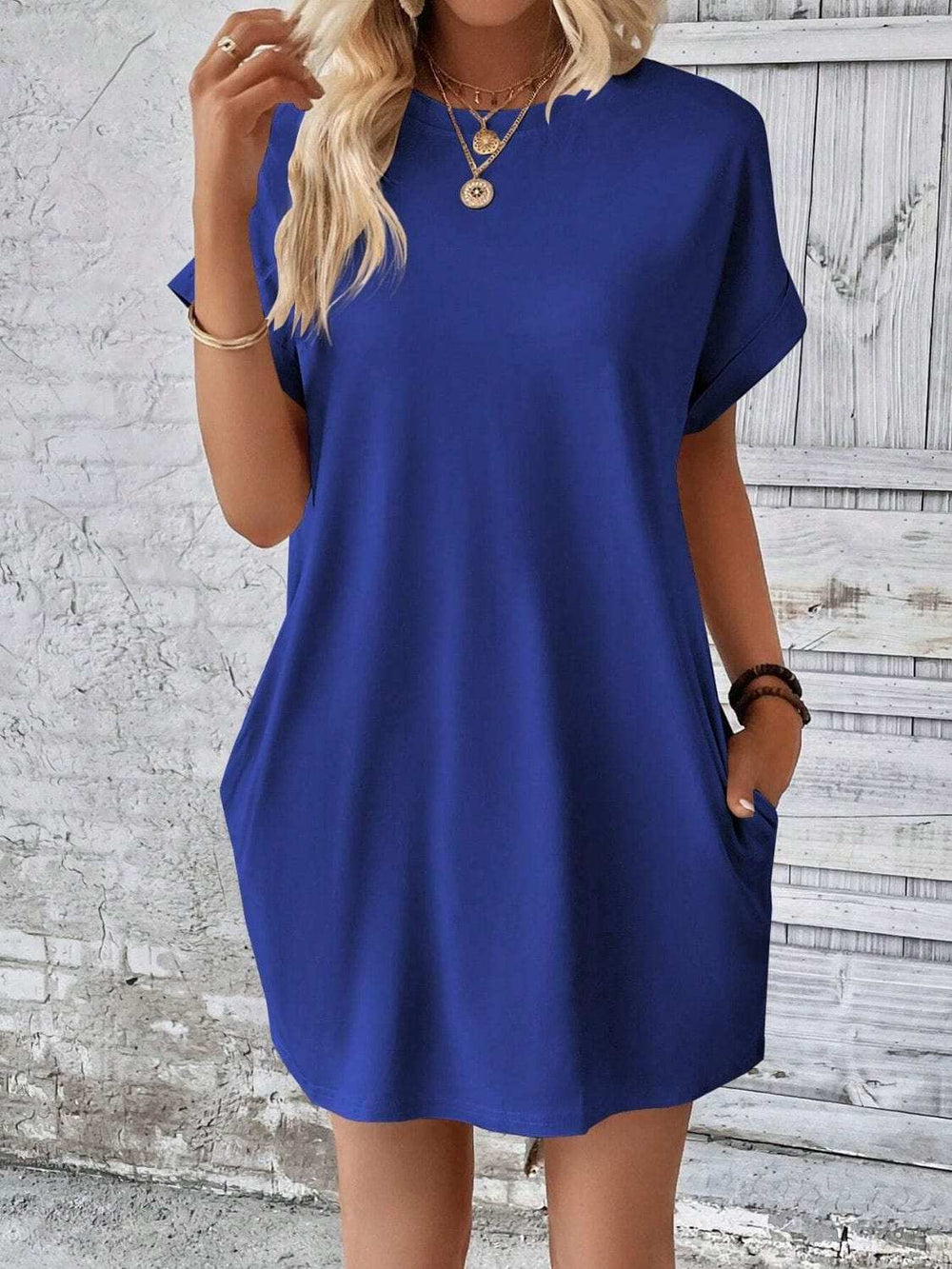 Round Neck Short Sleeve Mini Dress - Trendsi - Flyclothing LLC