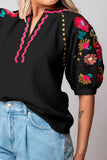 Floral Embroidered Notched Puff Sleeve Blouse - Trendsi