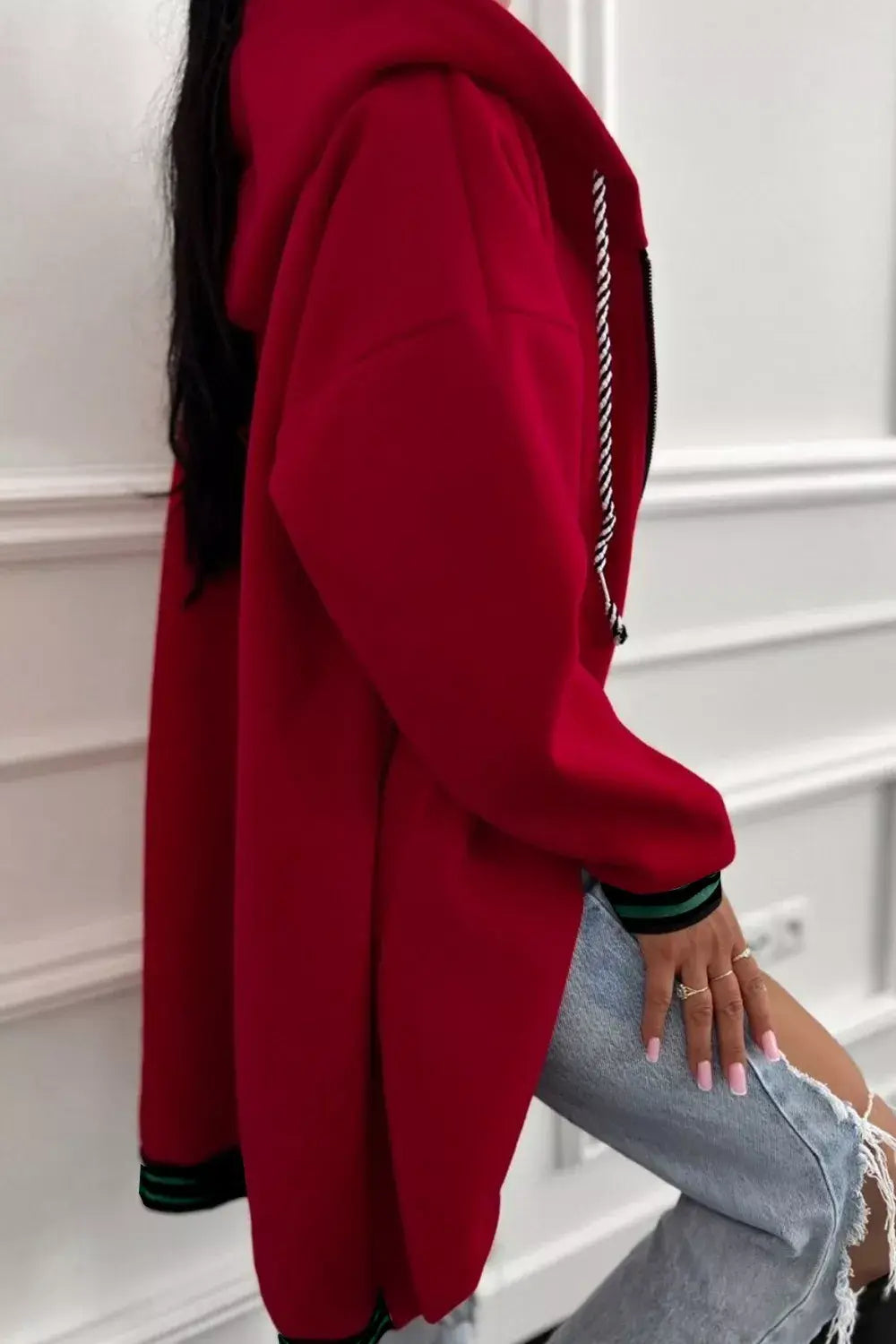 Contrast Cuffed Drop Shoulder Zip Up Hoodie - Trendsi - Flyclothing LLC