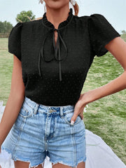 Frill Swiss Dot Tie Neck Short Sleeve Blouse - Trendsi