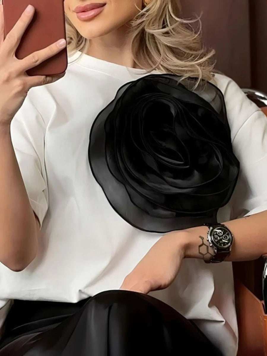 Flower Round Neck Short Sleeve T-Shirt - Trendsi - Flyclothing LLC