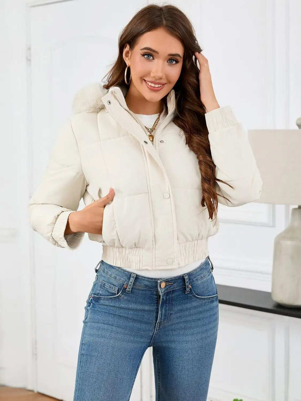 Pocketed Long Sleeve Cropped Hooded Winter Coat - Trendsi - Flyclothing LLC