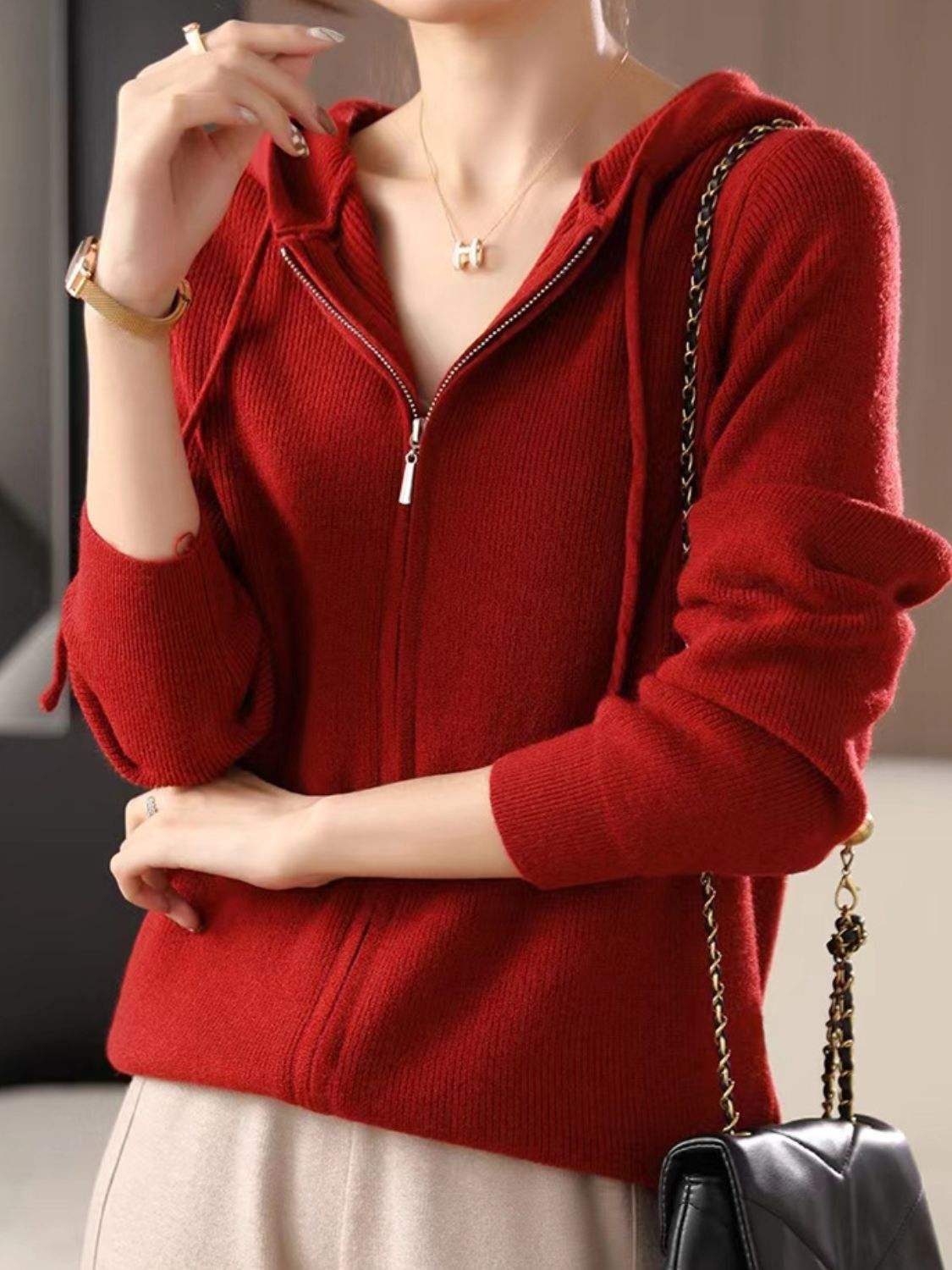 Drawstring Zip Up Long Sleeve Hooded Sweater - Trendsi - Flyclothing LLC