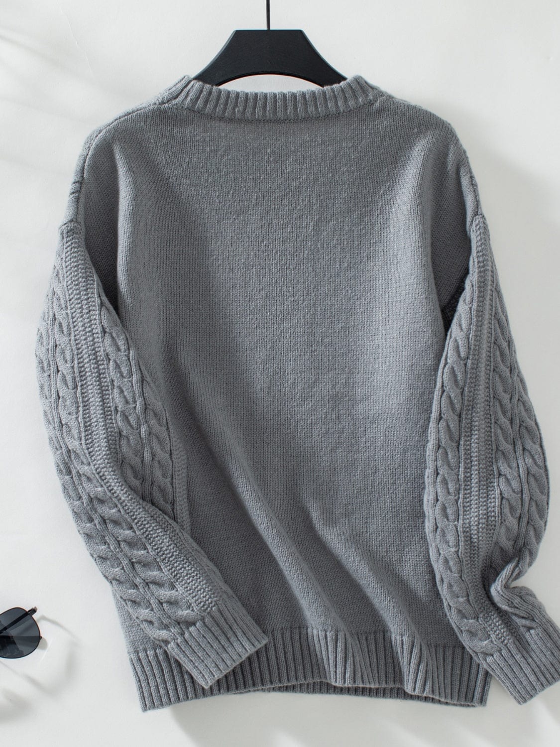 Cable-Knit Round Neck Long Sleeve Sweater - Trendsi