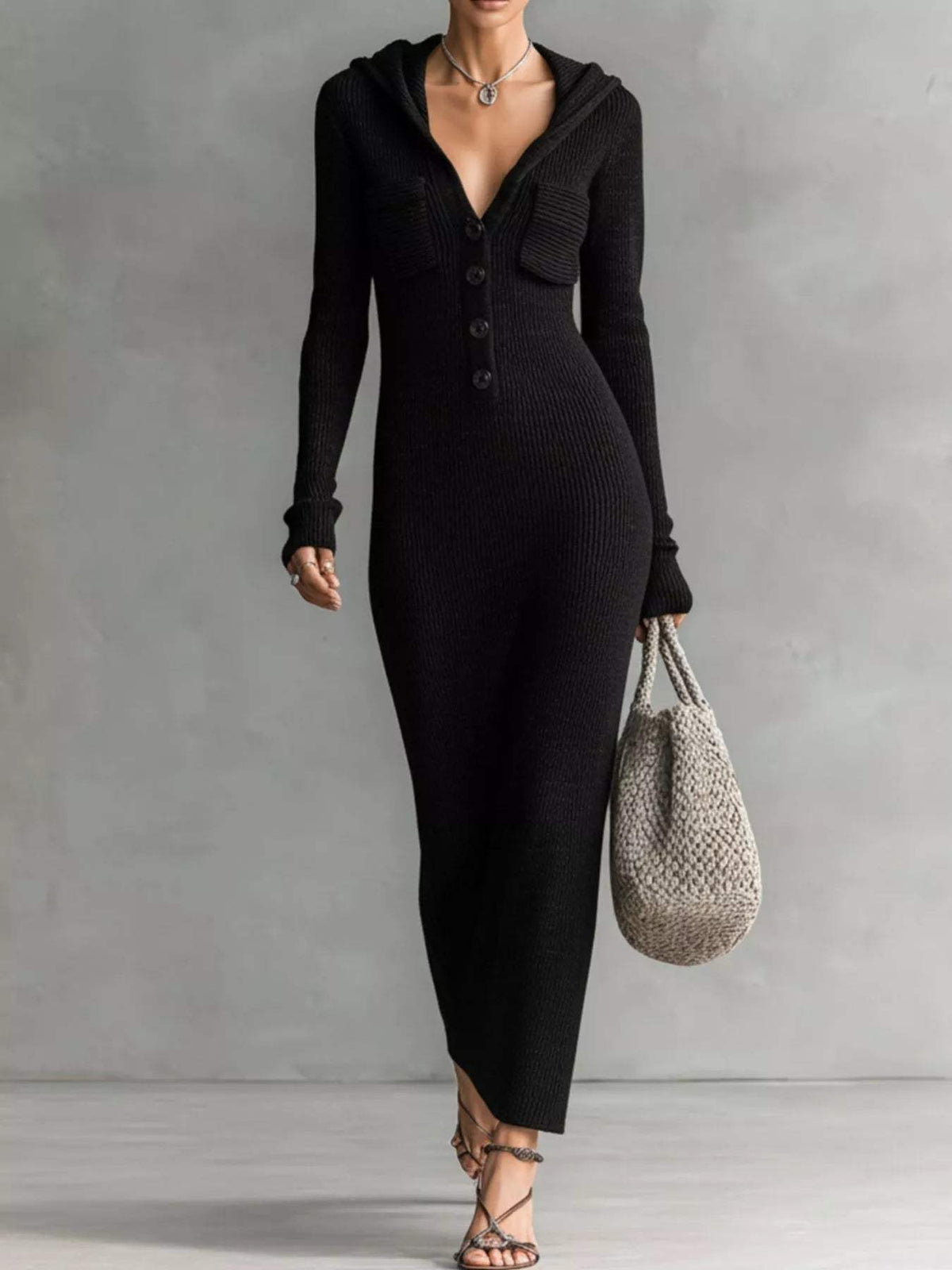 Hooded Knit Maxi Dress with Button-Up Placket and Chest Pockets - Trendsi - Flyclothing LLC