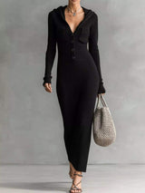 Hooded Knit Maxi Dress with Button-Up Placket and Chest Pockets - Trendsi - Flyclothing LLC