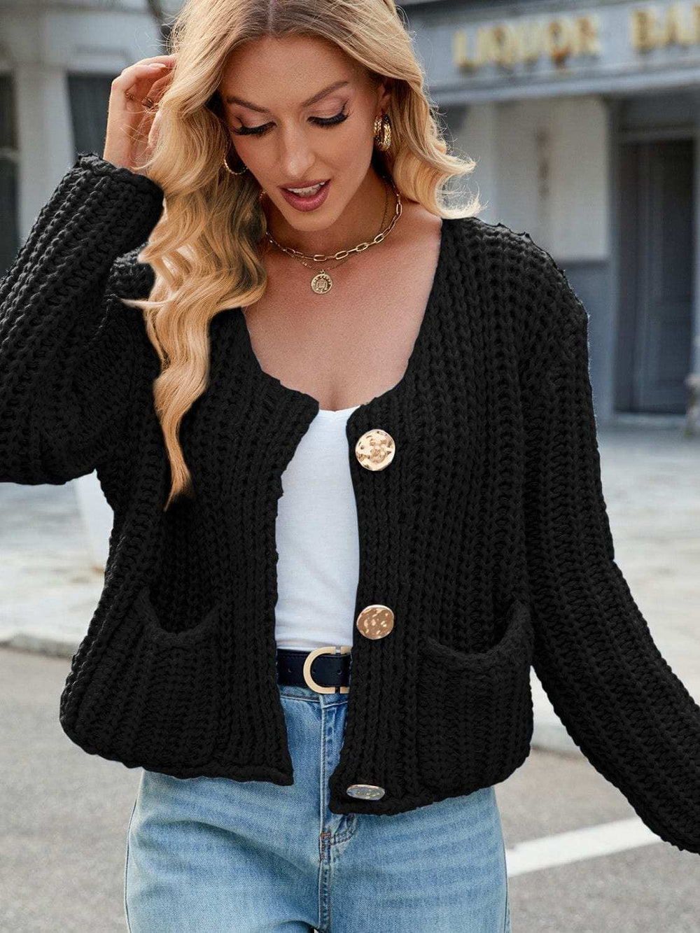 Round Neck Button Up Cardigan with Pockets - Trendsi - Flyclothing LLC