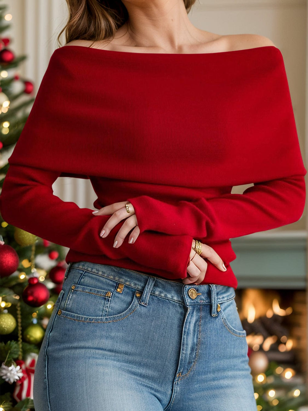 Off-Shoulder Long Sleeve Sweater - Trendsi
