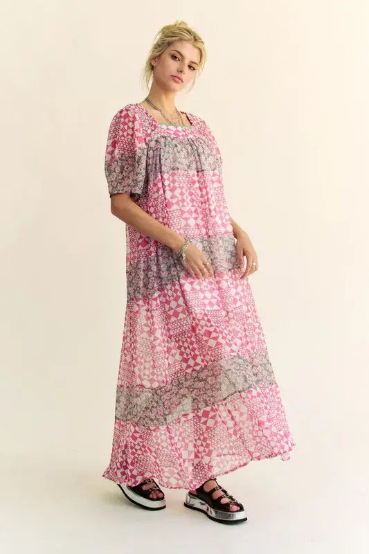 Davi & Dani Multi Floral Square Neck Puff Sleeve Maxi Dress - Trendsi - Flyclothing LLC
