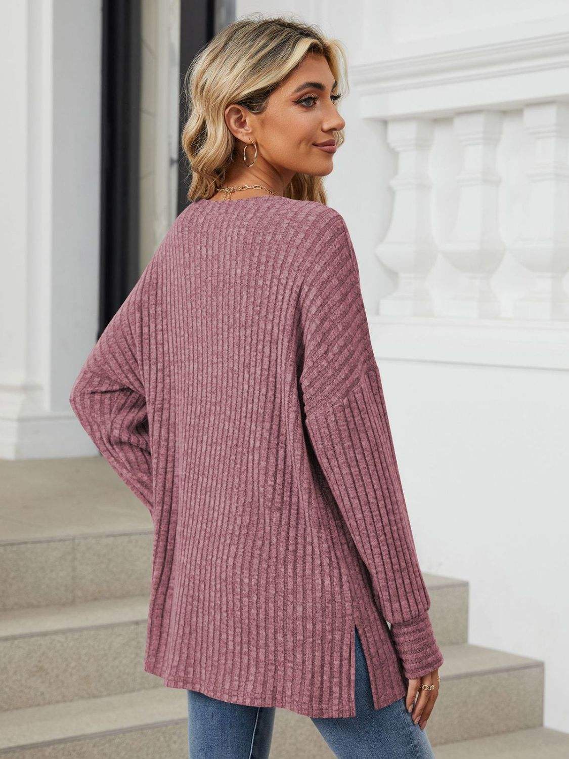 Ribbed Round Neck Long Sleeve T-Shirt - Trendsi - Flyclothing LLC