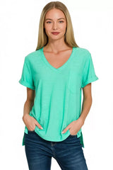 Zenana Slub Rolled Short Sleeve V-Neck Tee - Trendsi - Flyclothing LLC