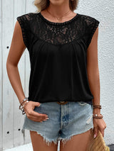Lace Round Neck Cap Sleeve T-Shirt - Trendsi - Flyclothing LLC