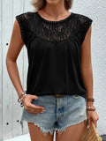 Lace Round Neck Cap Sleeve T-Shirt - Trendsi