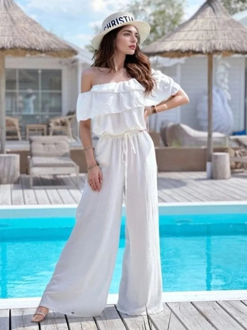 Ruffled Off  Shoulder Wide Leg Jumpsuit - Trendsi