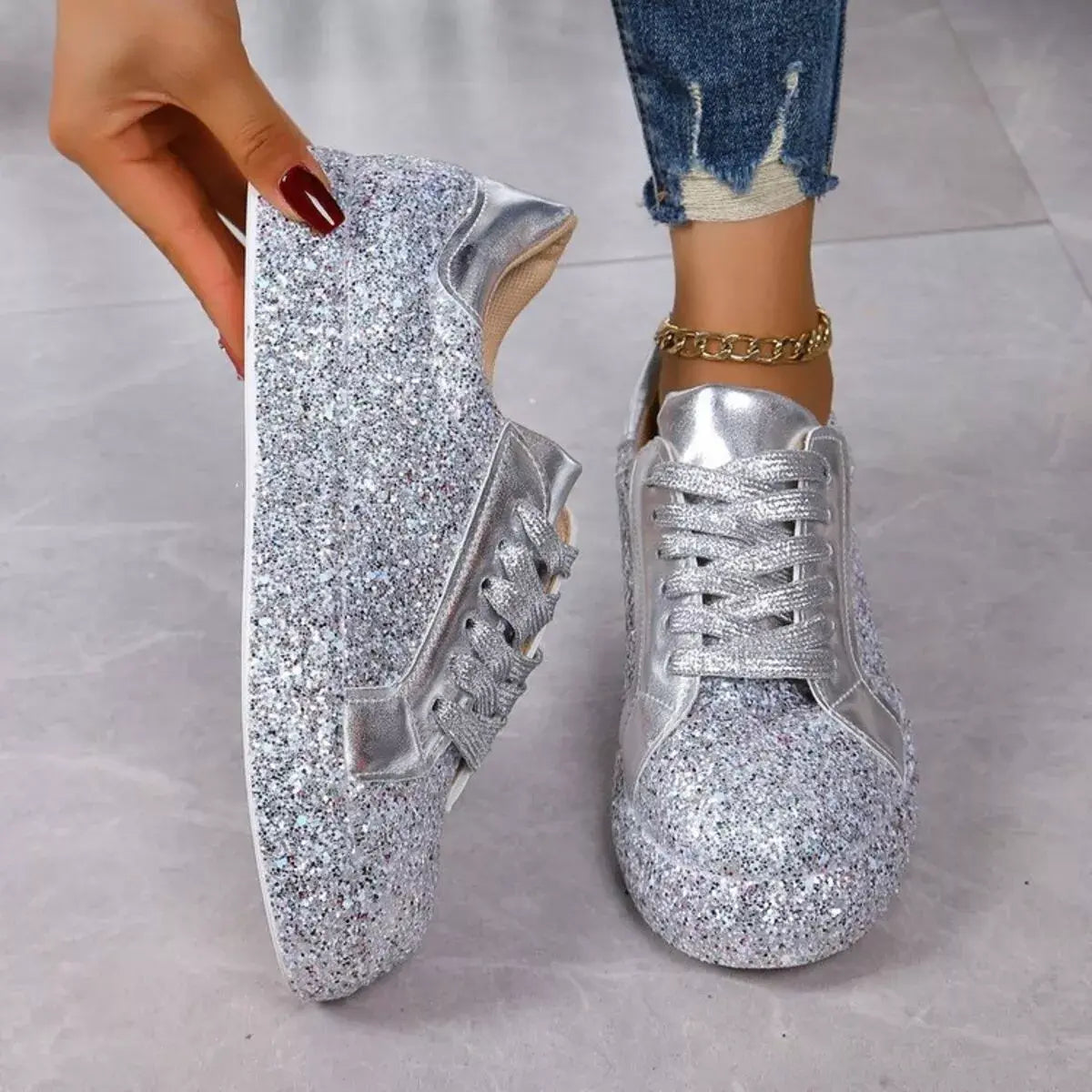 Sparkling Lace Up Sneakers - Trendsi - Flyclothing LLC