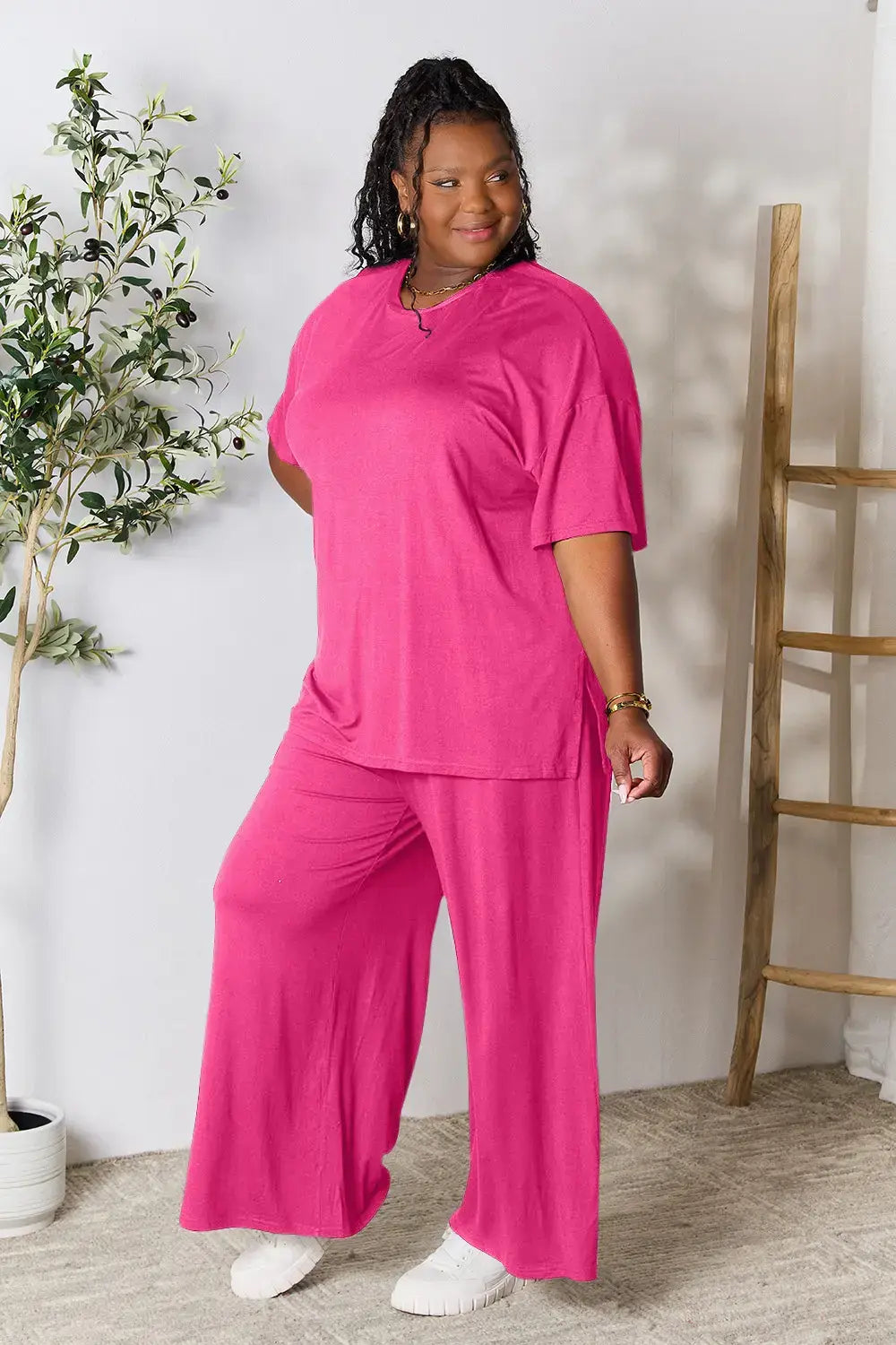 Double Take Full Size Round Neck Slit Top and Pants Set - Trendsi - Flyclothing LLC