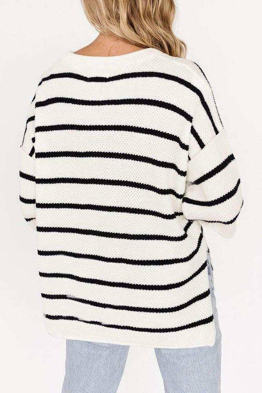 Stripe Drop Shoulder Side Slit Knit Top - Trendsi - Flyclothing LLC