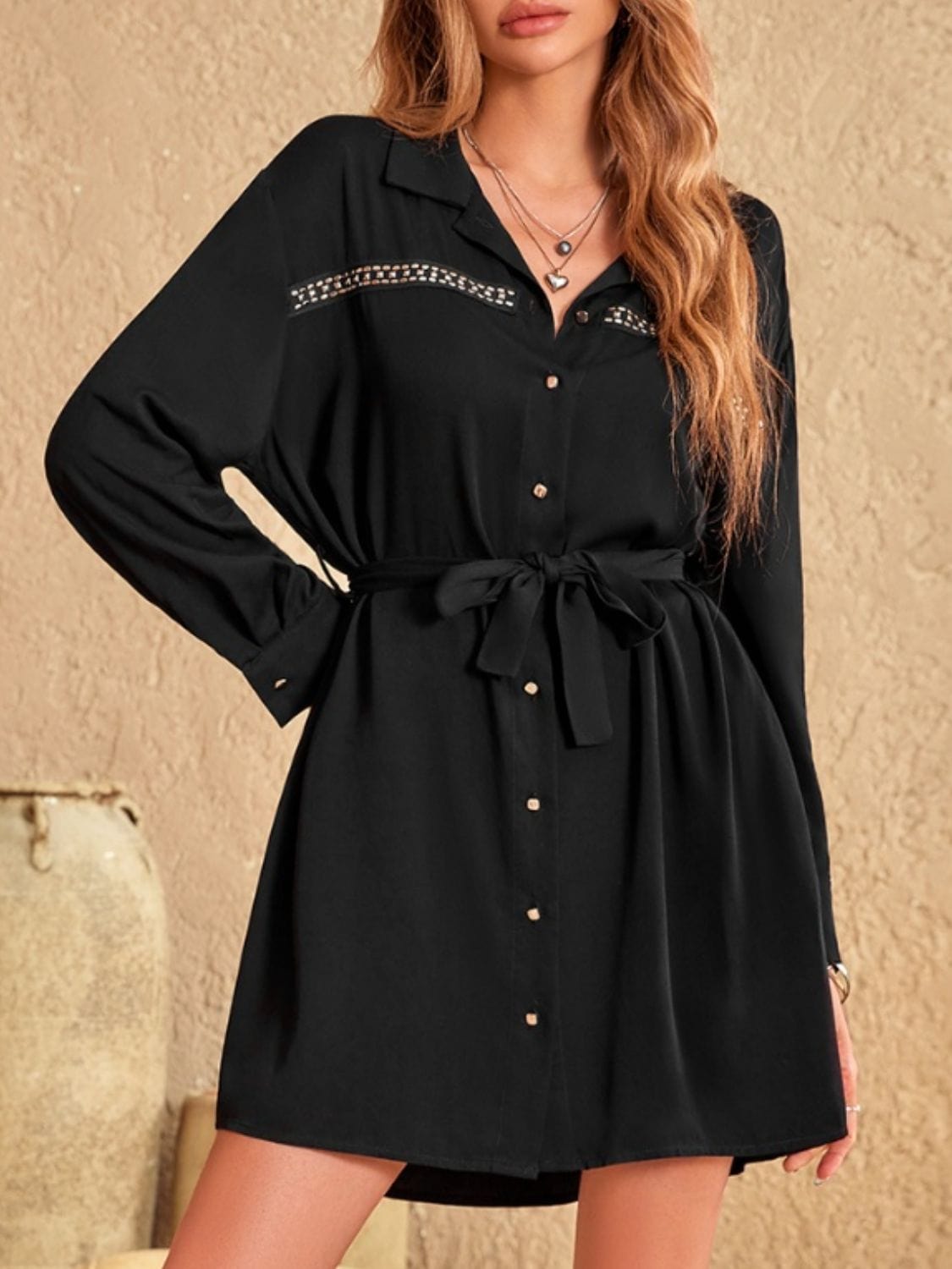 Collared Neck Long Sleeve Mini Dress - Trendsi