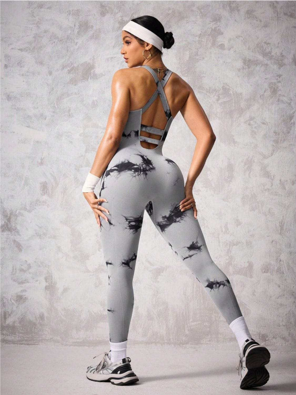 Back Crisscross Tie-Dye Scoop Neck Active Jumpsuit - Trendsi - Flyclothing LLC